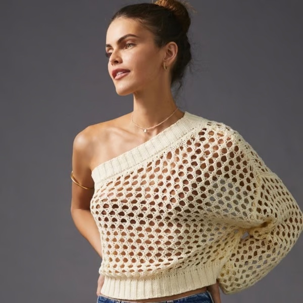 Maeve Anthropology Cream One-Shoulder Sweater